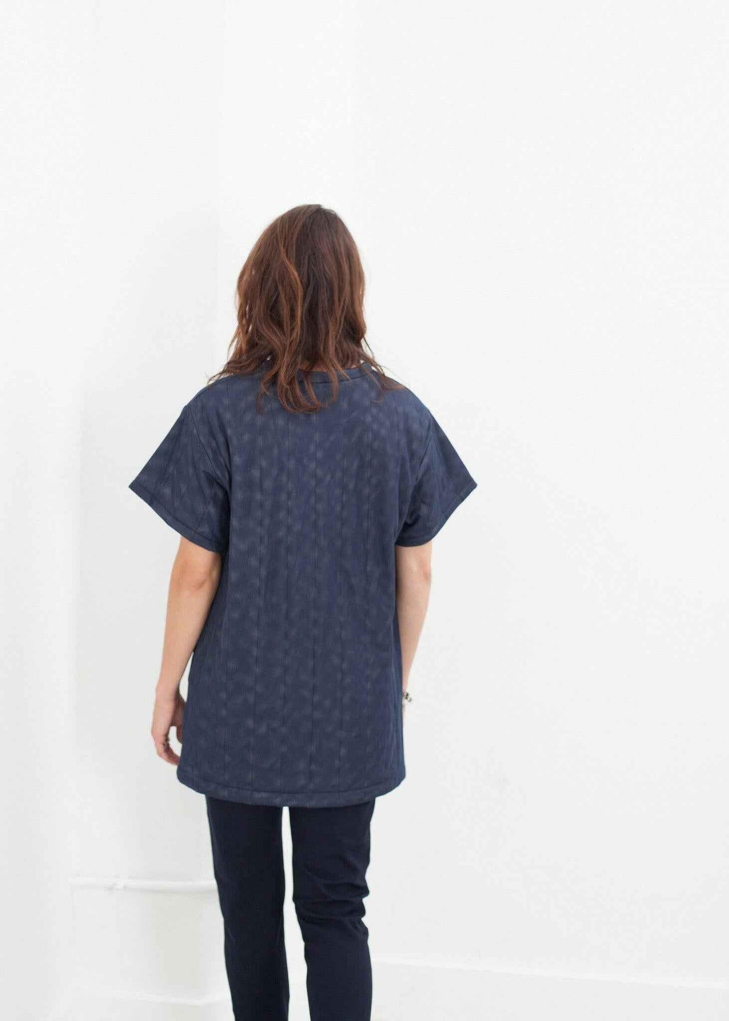 Quilted Mesh Mini Dress in Navy.