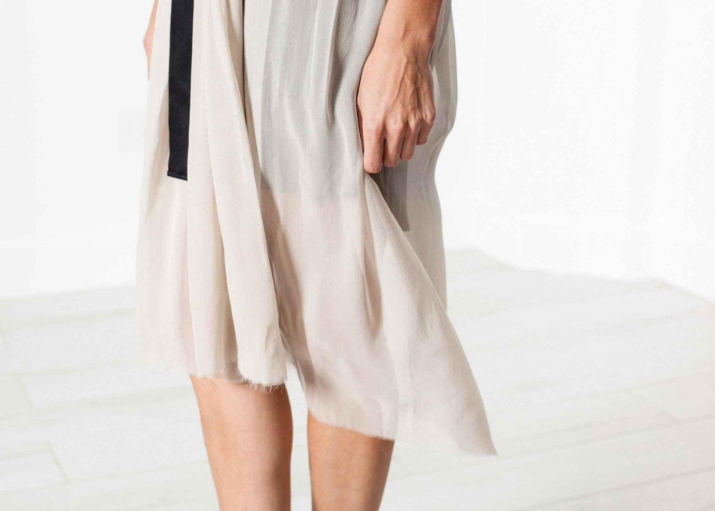 Chiffon Cape Back Dress in Sand.