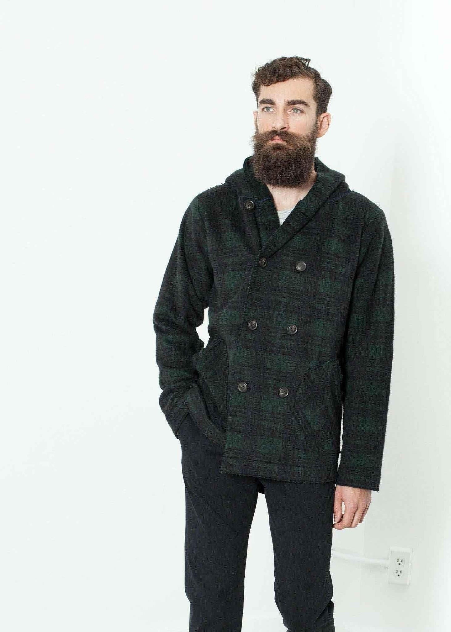 Double Breasted Hoodie in Forest Plaid.