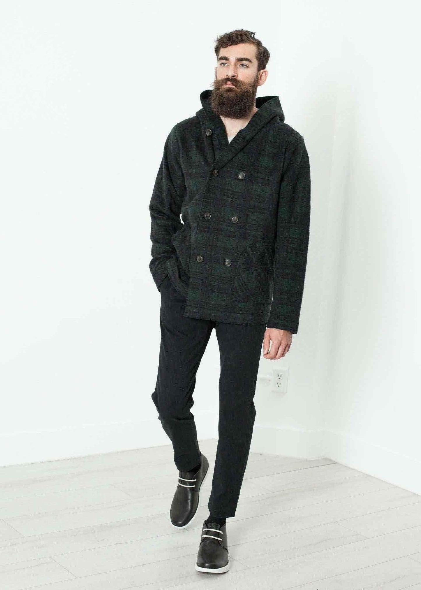 Double Breasted Hoodie in Forest Plaid.