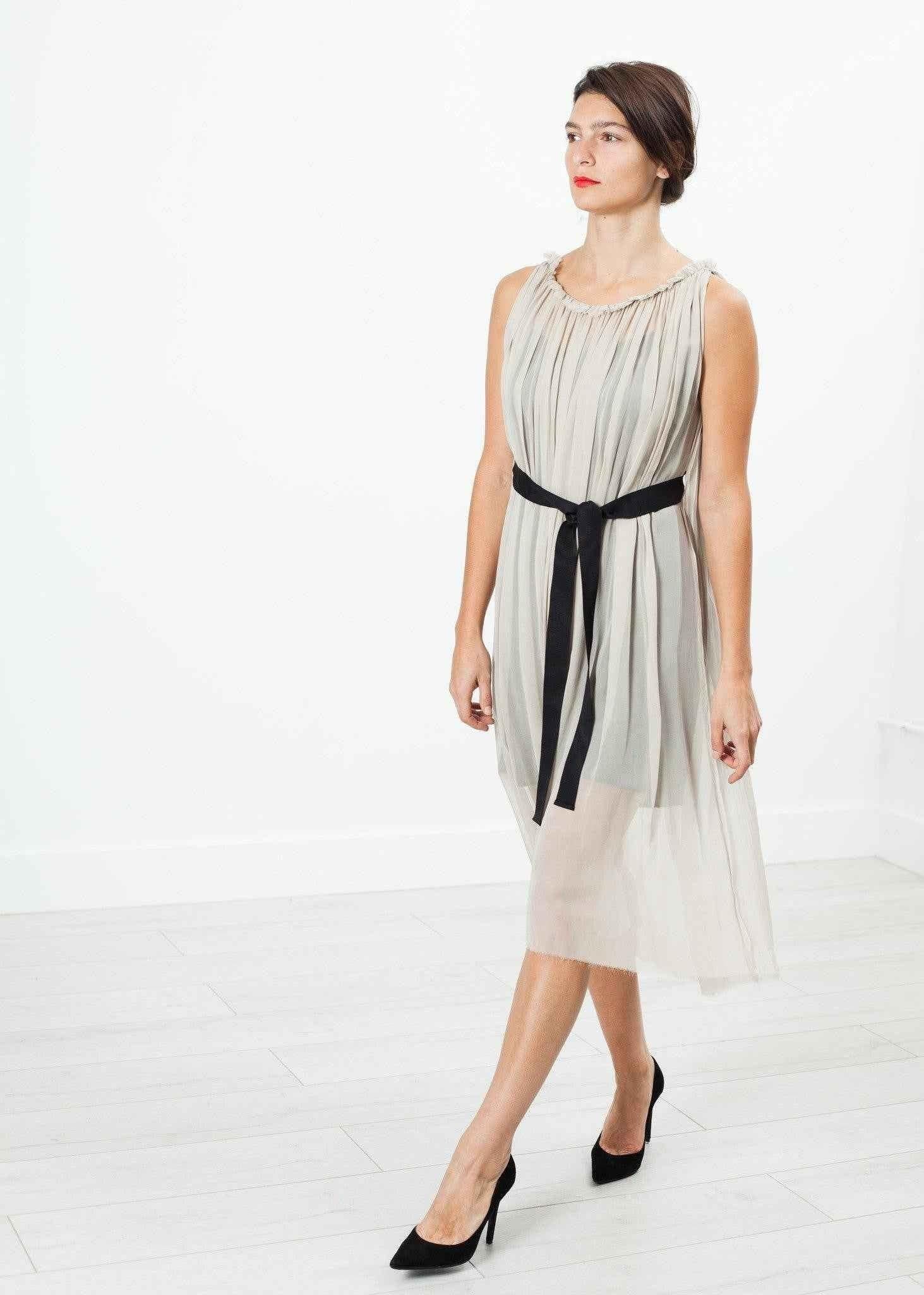 Chiffon Cape Back Dress in Sand.