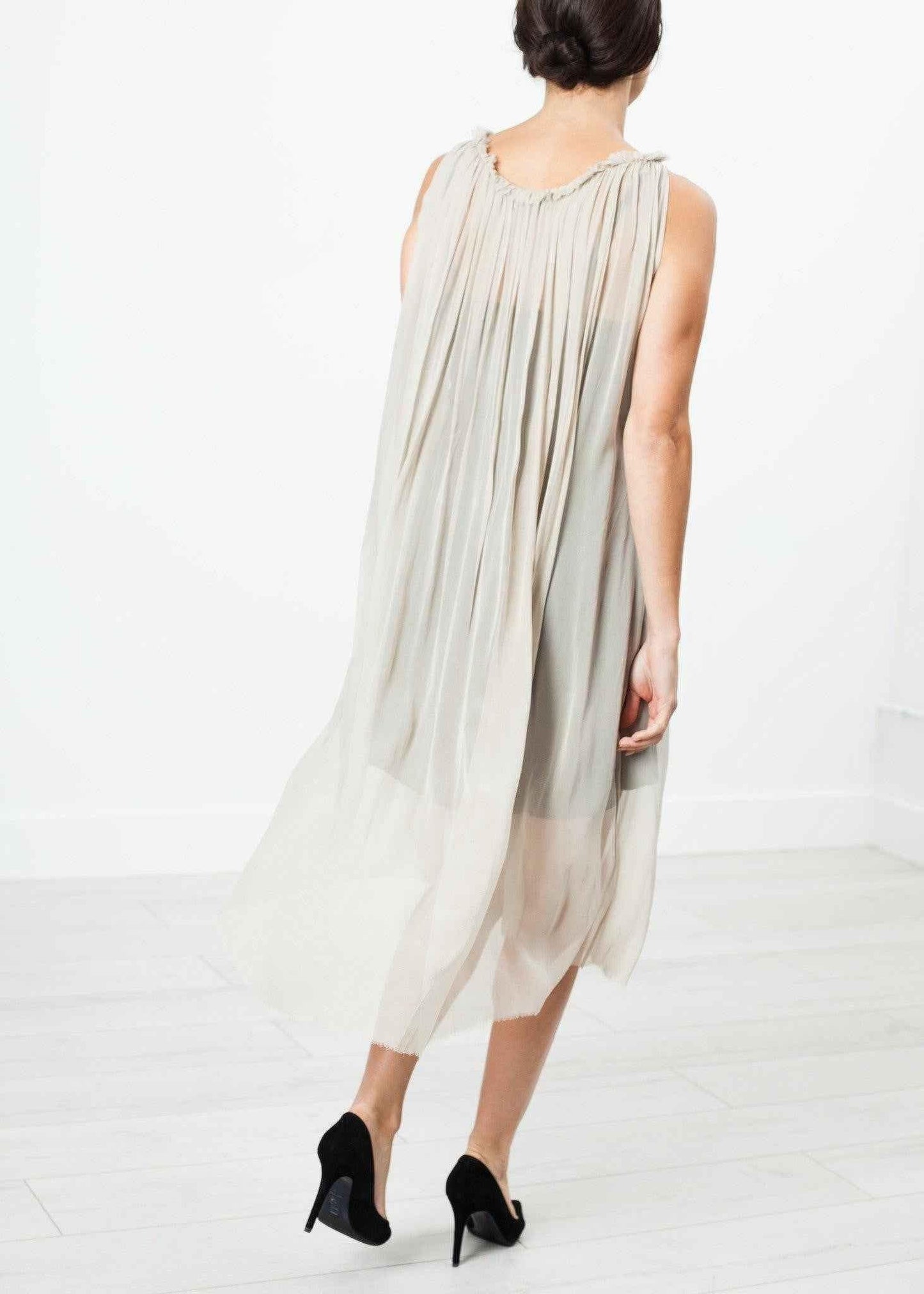Chiffon Cape Back Dress in Sand.