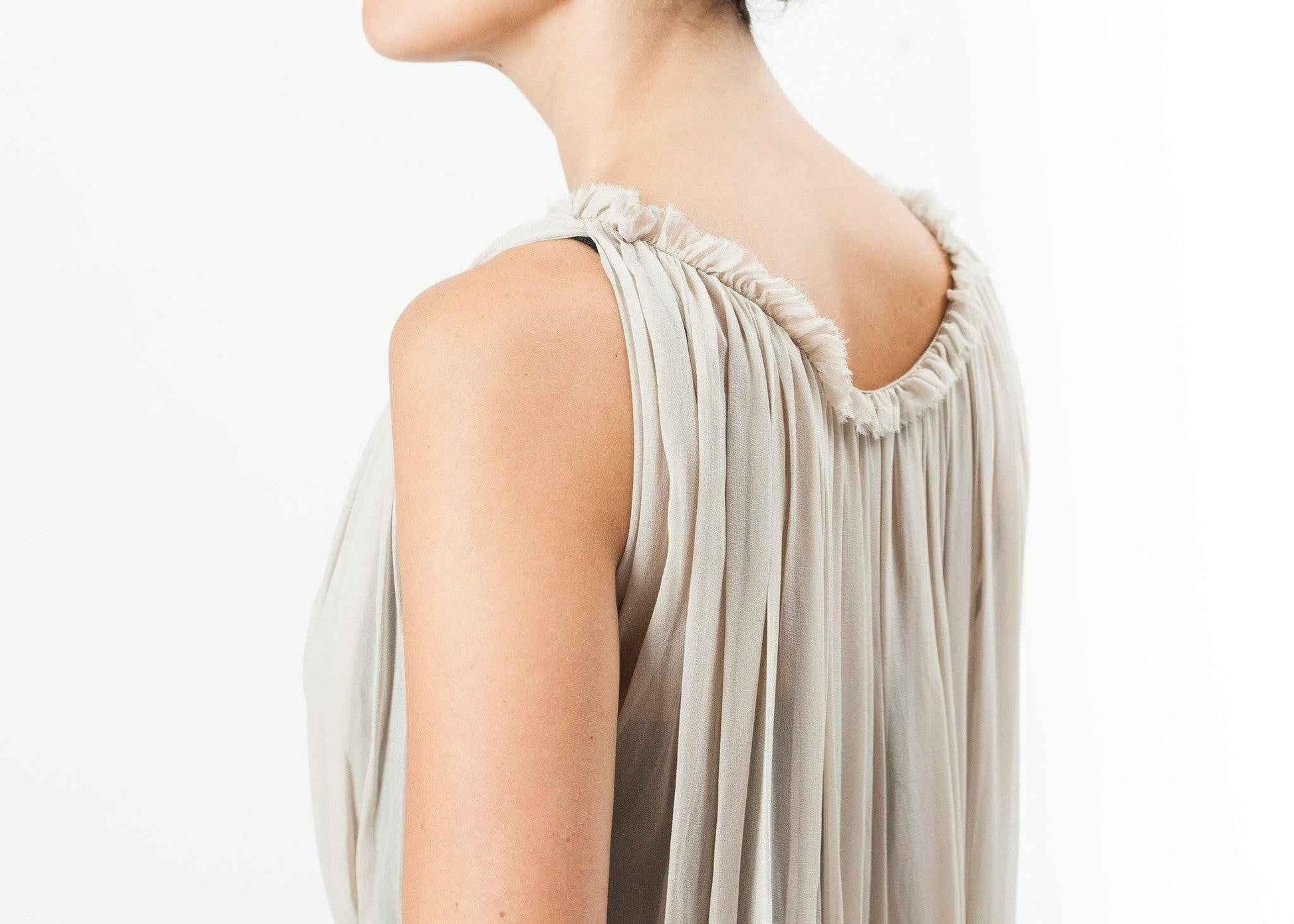 Chiffon Cape Back Dress in Sand.