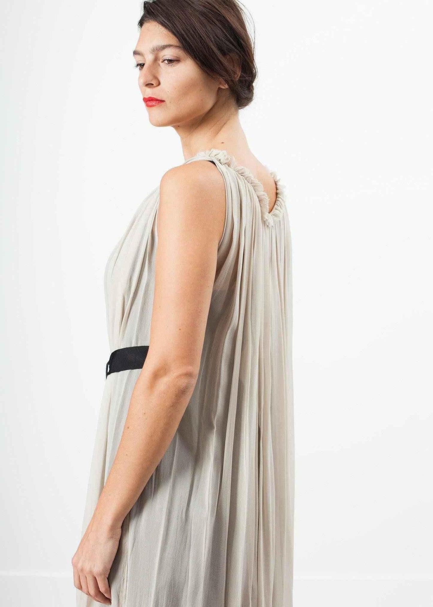 Chiffon Cape Back Dress in Sand.