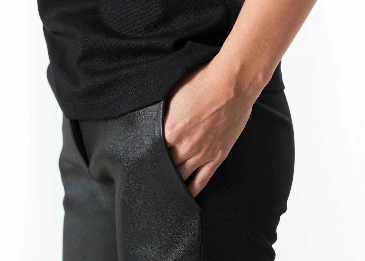 Leather Panel Trouser in Black.