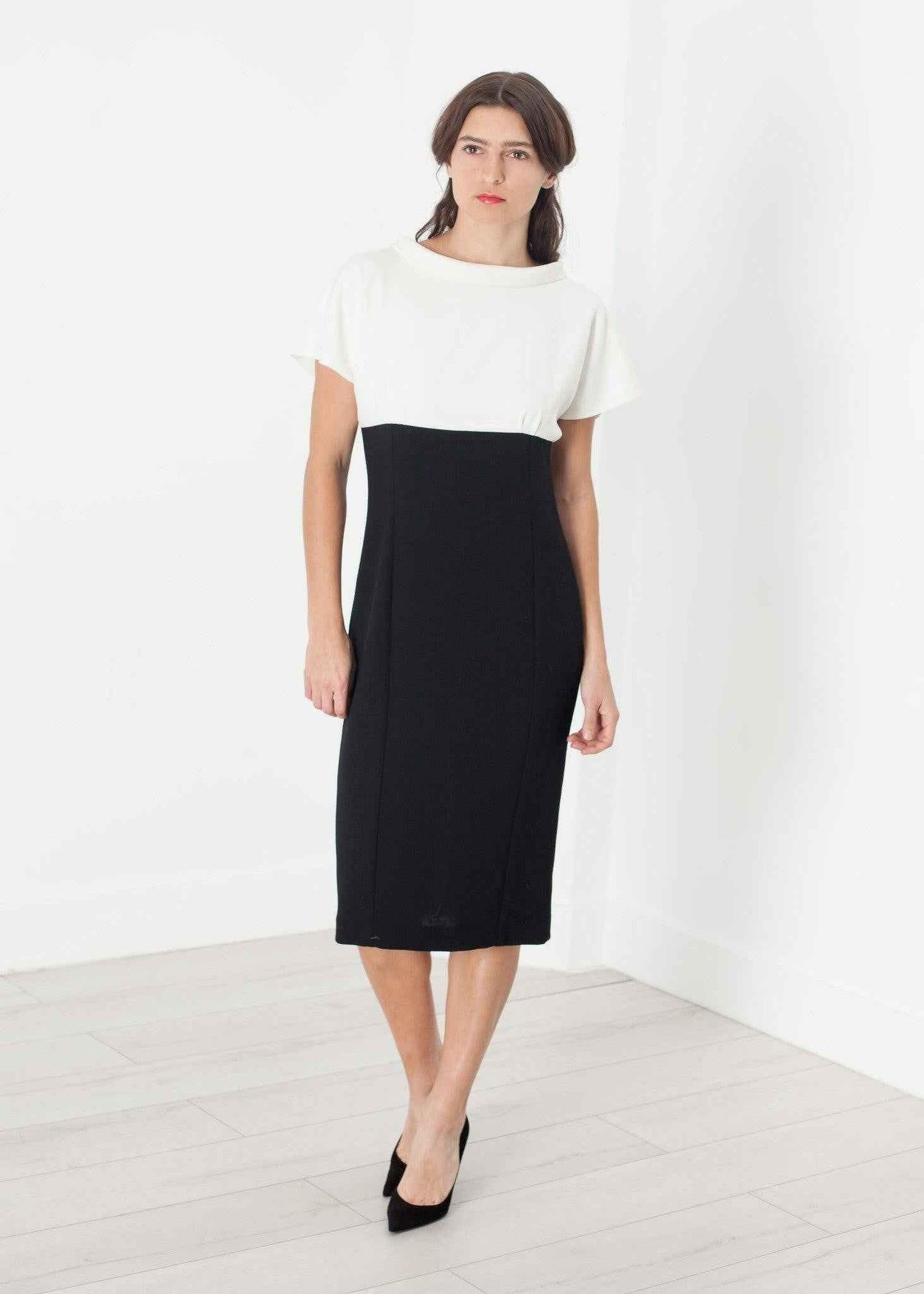 Pearl Fastened Dress in Cream/Black.