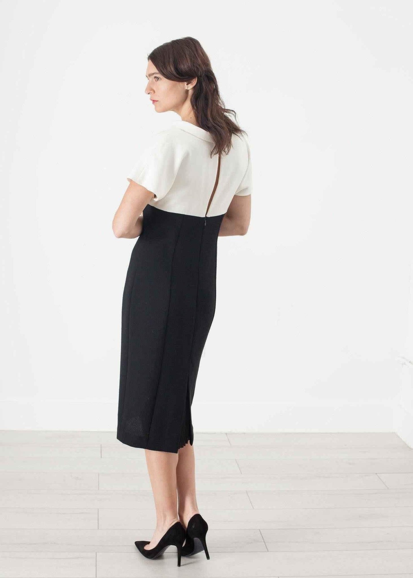Pearl Fastened Dress in Cream/Black.