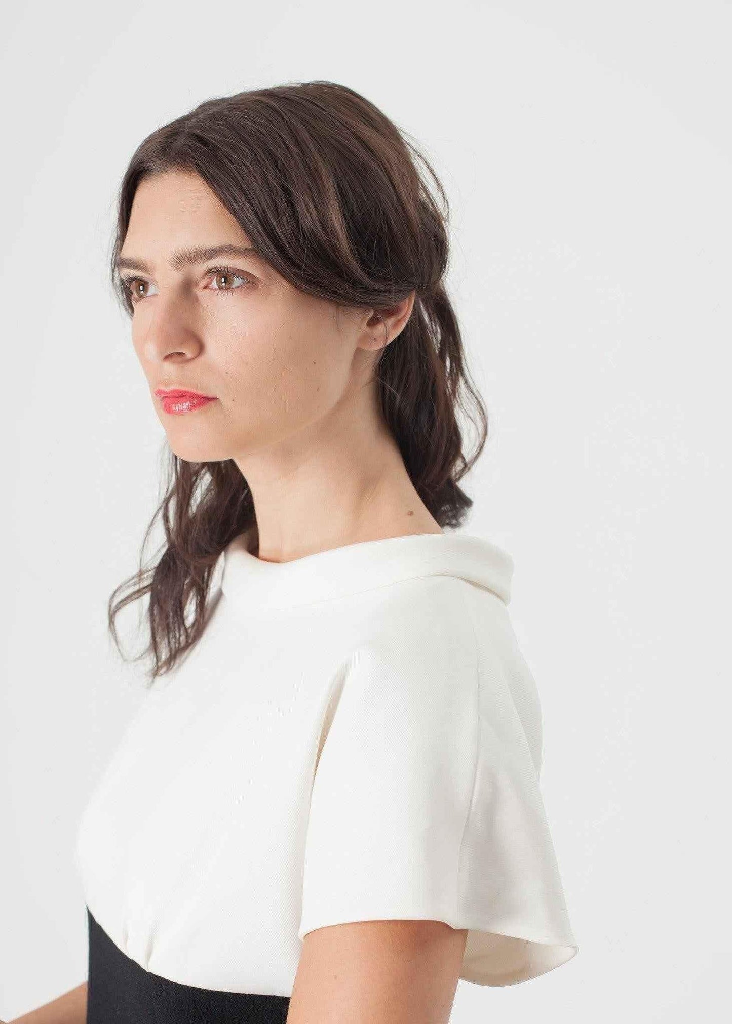 Pearl Fastened Dress in Cream/Black.