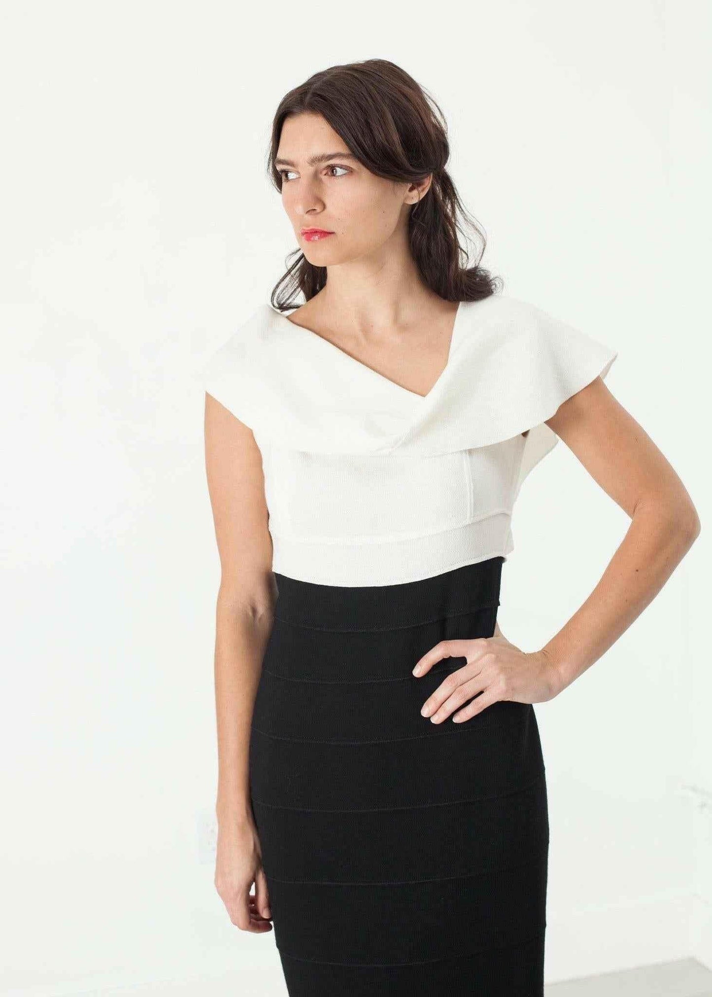 Asymmetric Dress in Cream/Black.