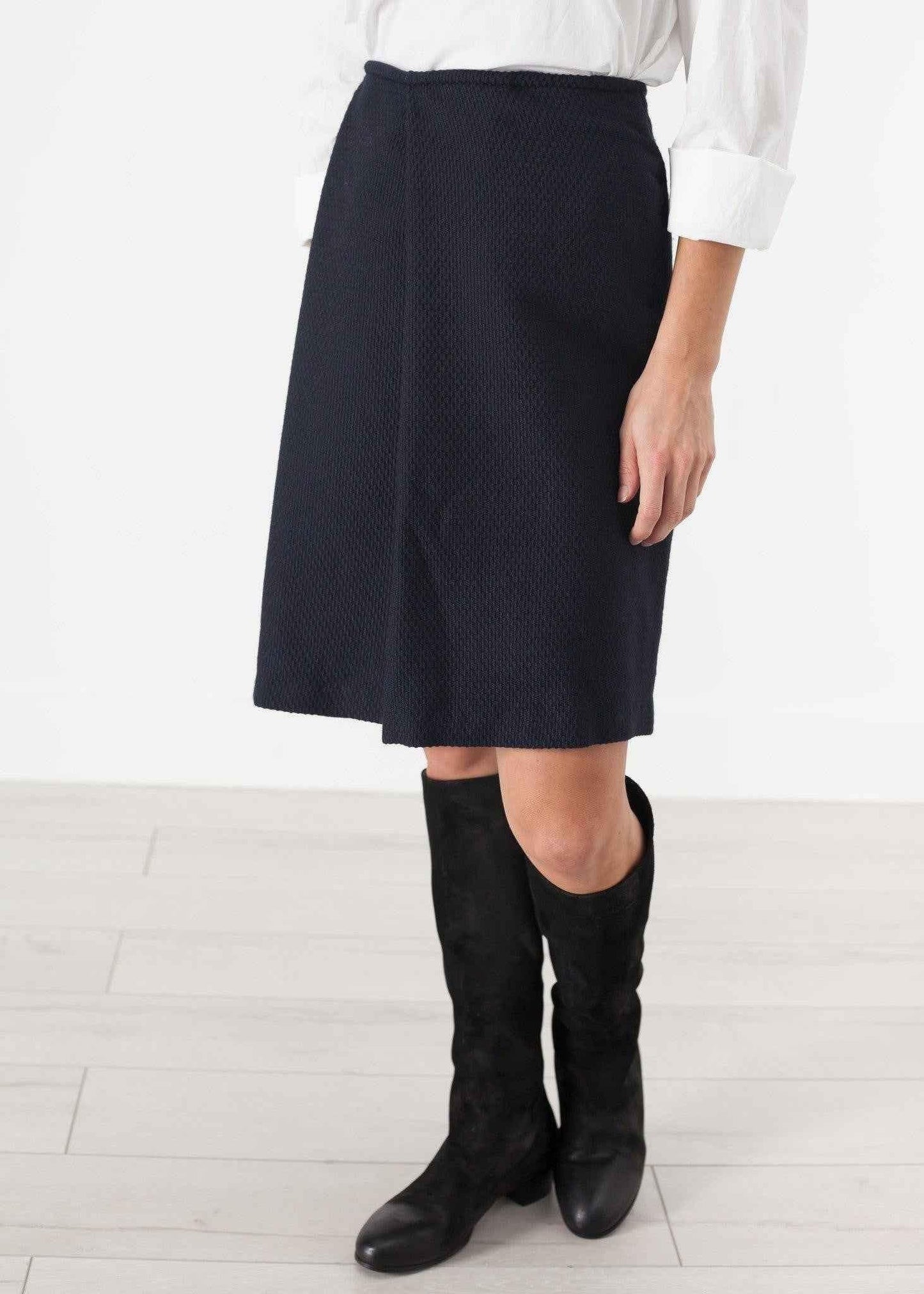 Pleated Wool Skirt in Navy.