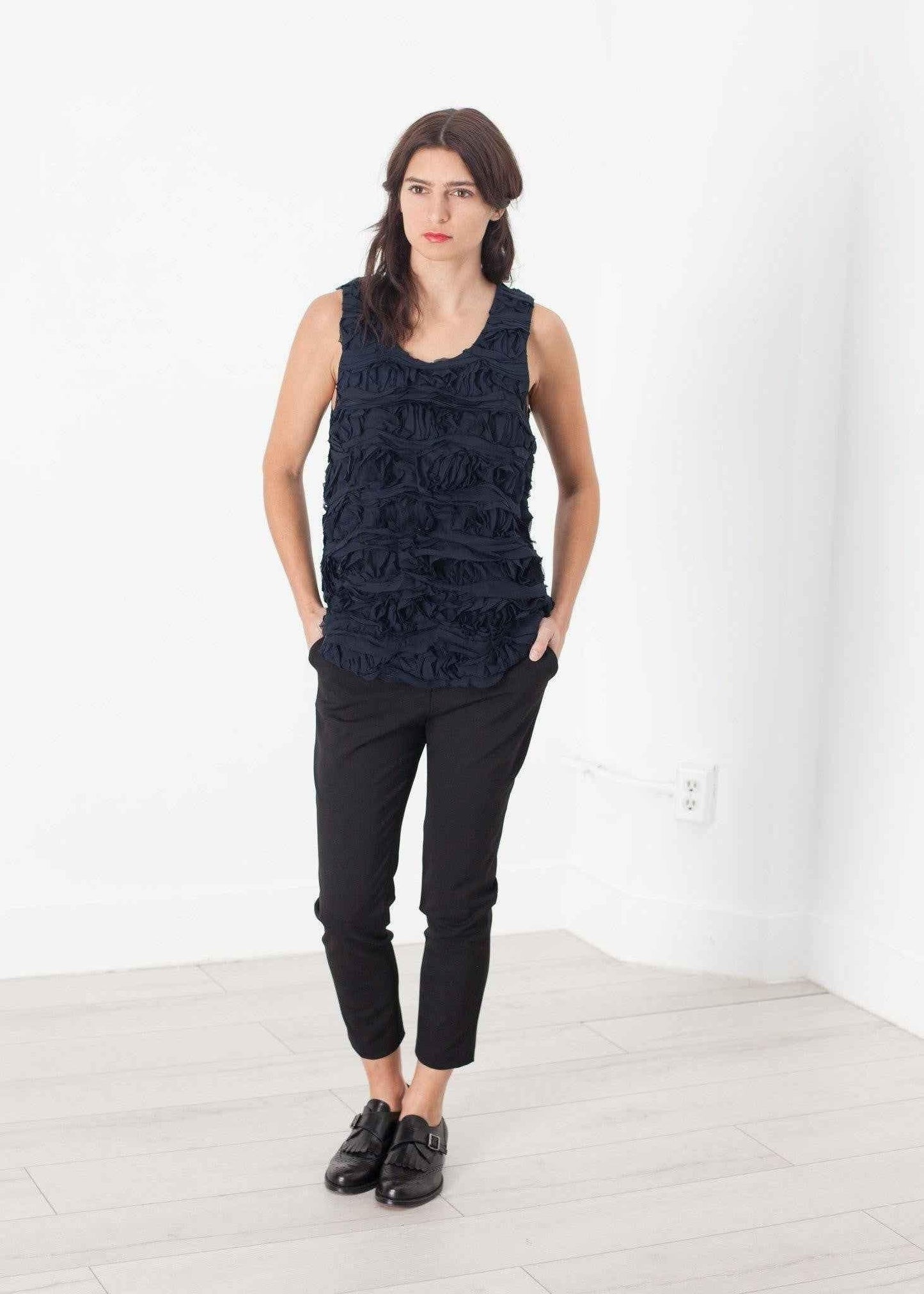Ruffled Tank Top in Navy.
