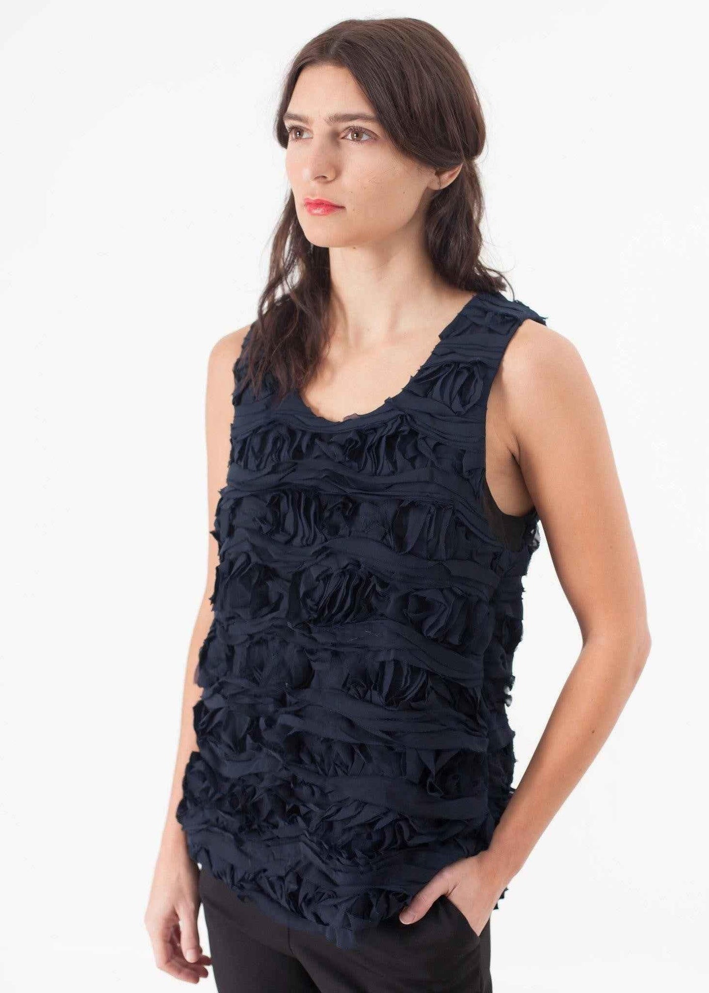 Ruffled Tank Top in Navy.