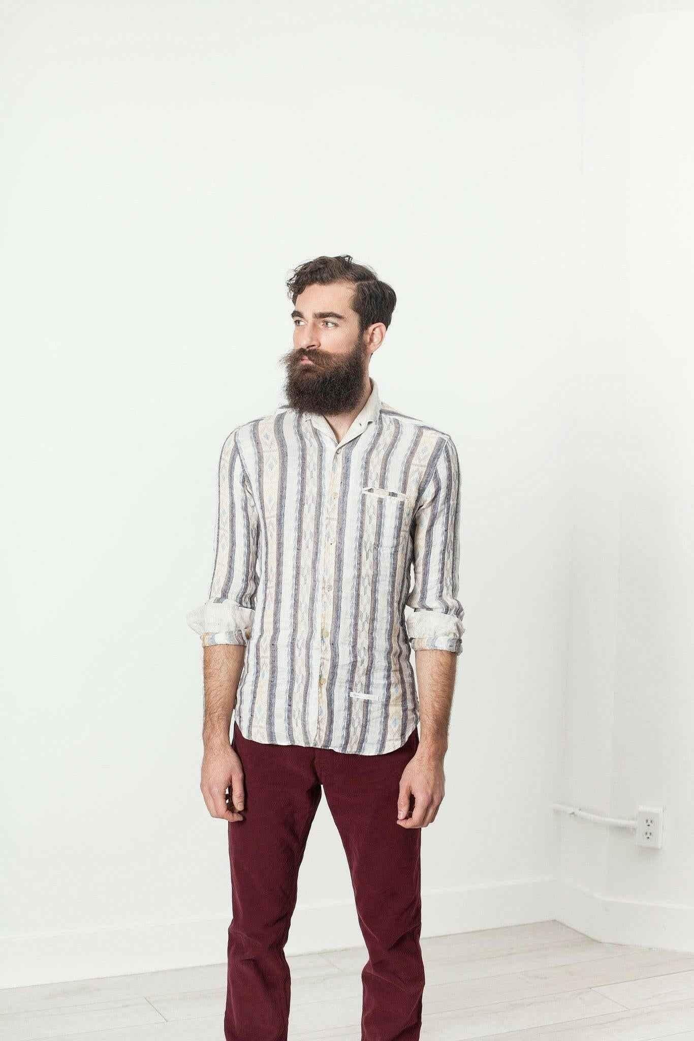 Linen Western Shirt in Beige/Blue.