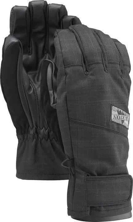 Black insulated winter gloves with reinforced palm and adjustable wrist strap, front and back view