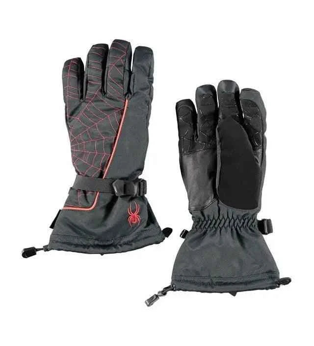 Black insulated winter gloves with red spider web design and adjustable wrist straps