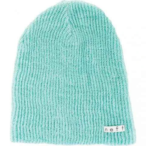Light blue knit beanie hat with ribbed texture and a small neff label on the front