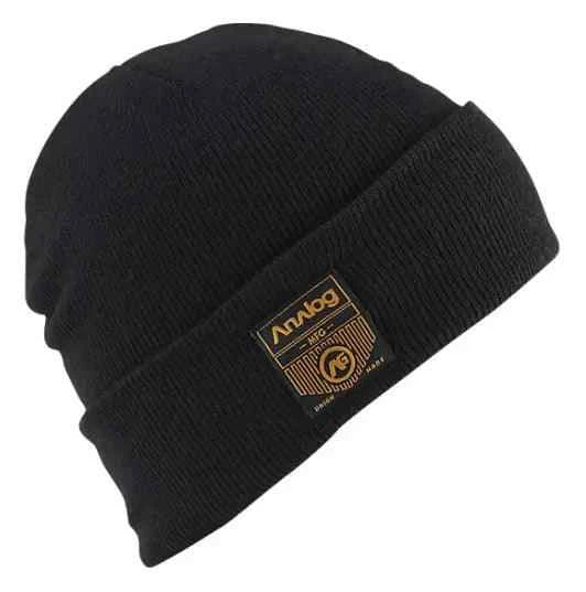 Black knit beanie with fold-over cuff and a brown Analog brand patch on the front
