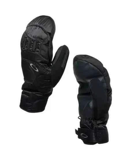 Black insulated winter mittens with adjustable cuffs and logo detail, displayed front and back