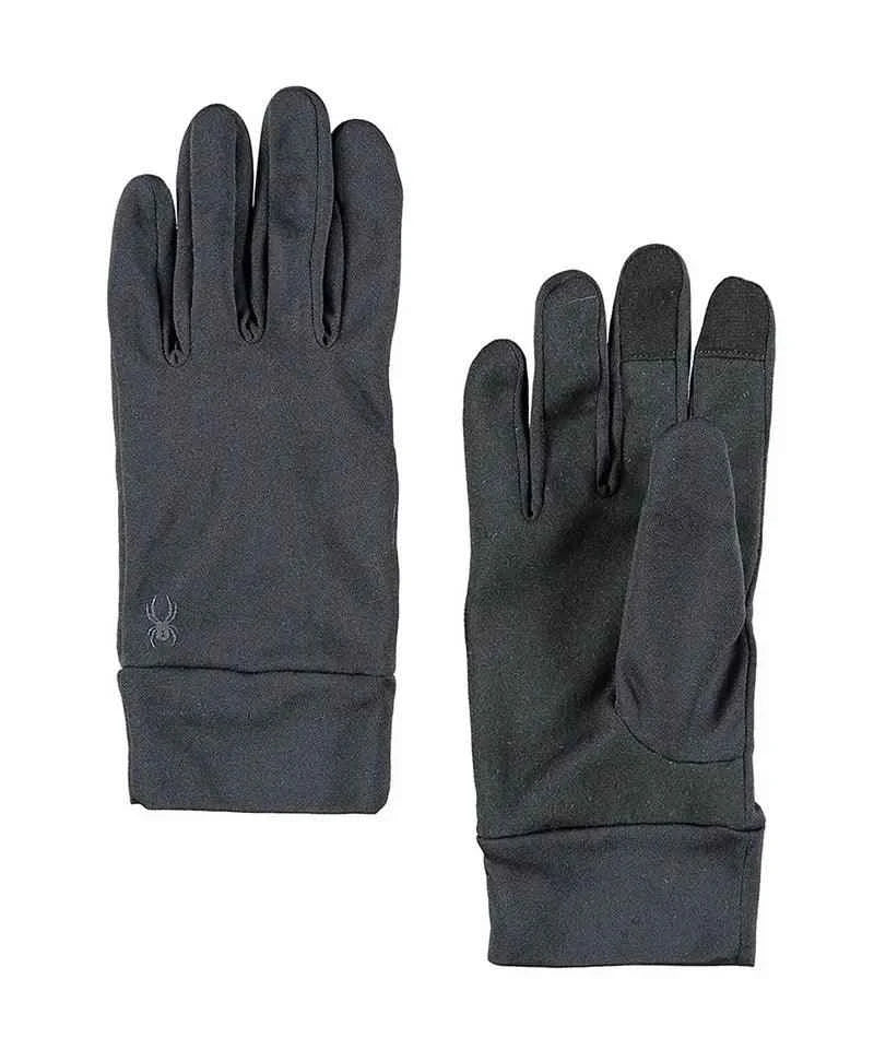 Pair of black winter gloves with touchscreen fingertips on white background