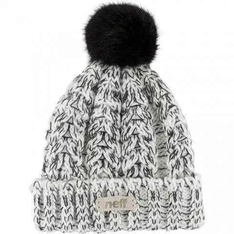 Chunky knit beanie hat in gray and white with a large black faux fur pom pom