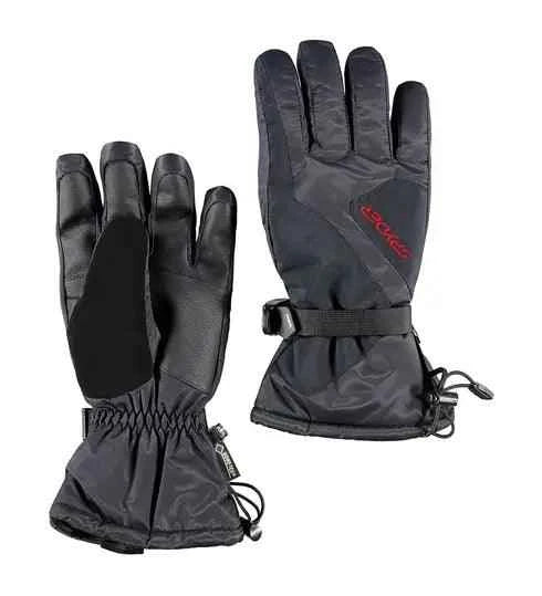 Black insulated winter gloves with adjustable wrist straps and reinforced palms