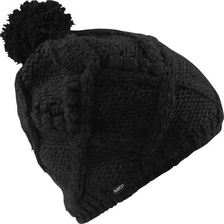 Black knit beanie with pom pom and textured cable pattern, winter hat