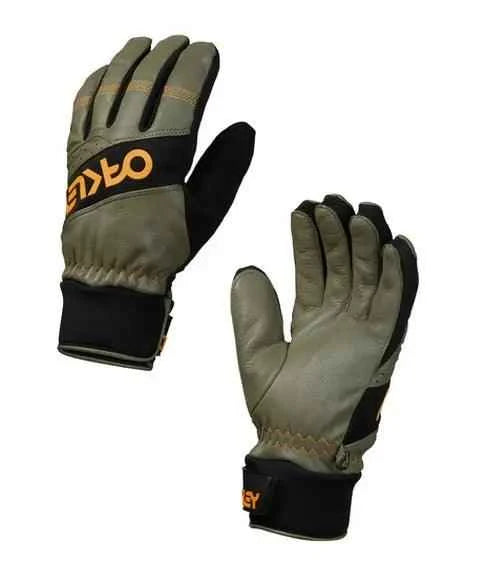 Pair of gray and black outdoor gloves with orange accents and wrist straps