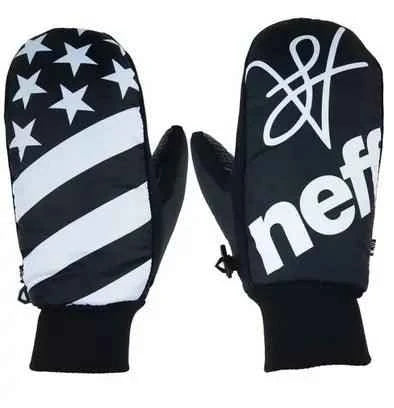 Black and white winter mittens with stars, stripes, and bold Neff logo design