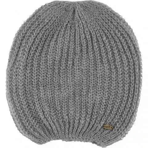 Gray knitted beanie with ribbed texture and small logo tag