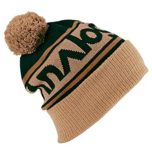 Two-tone knit beanie with pom-pom and bold graphic design, winter hat fashion accessory