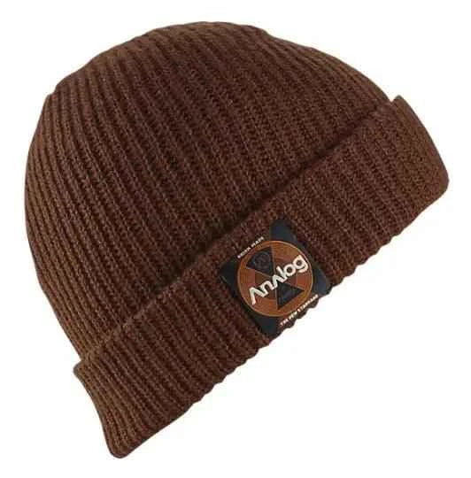 Brown ribbed knit beanie hat with patch logo on folded brim