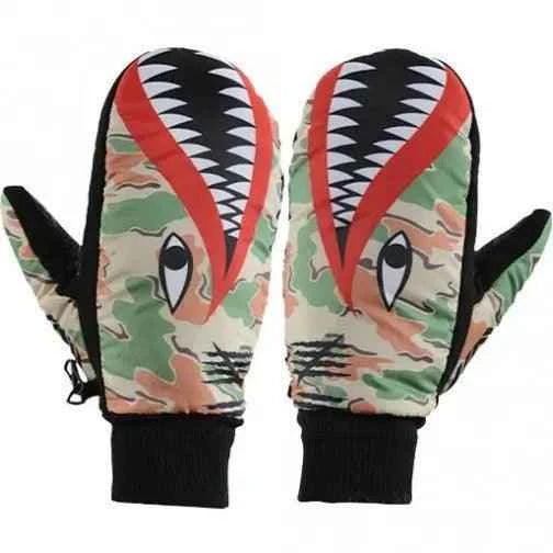 Camouflage mittens with shark face graphic and black cuffs, winter gloves design