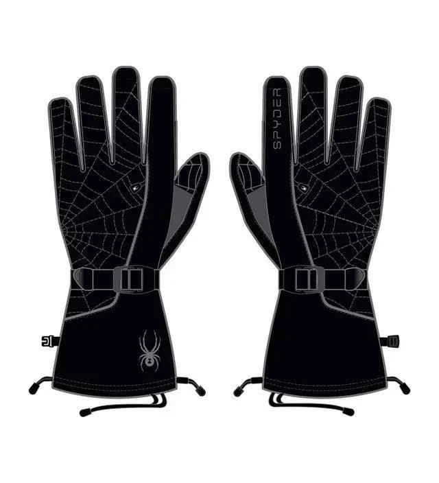 Black winter gloves with spider web pattern, adjustable straps, and spider logo design