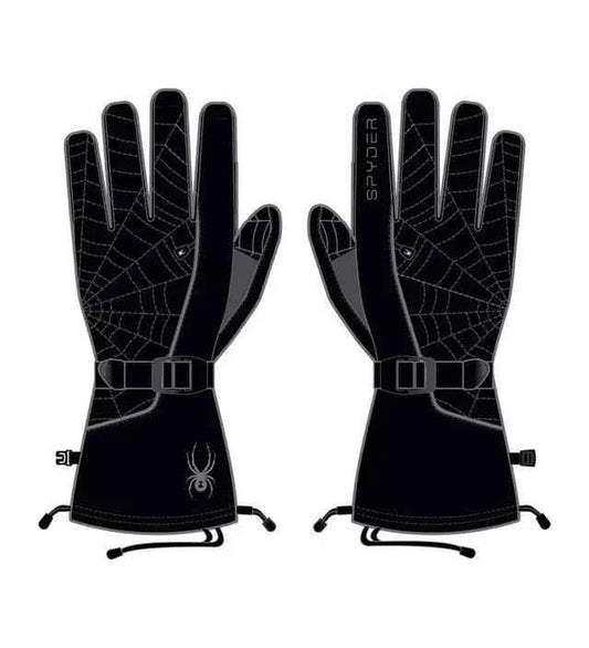 Black winter gloves with spider web pattern, adjustable straps, and spider logo design