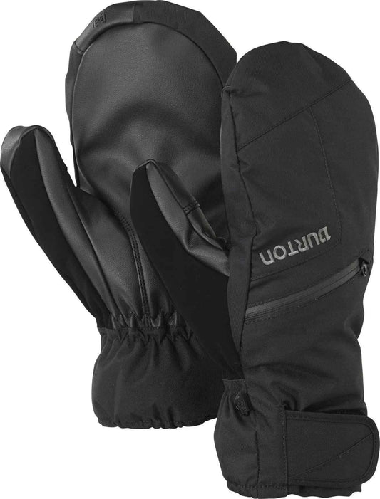 Black waterproof insulated winter mittens with zipper pocket and elastic wrist cuffs