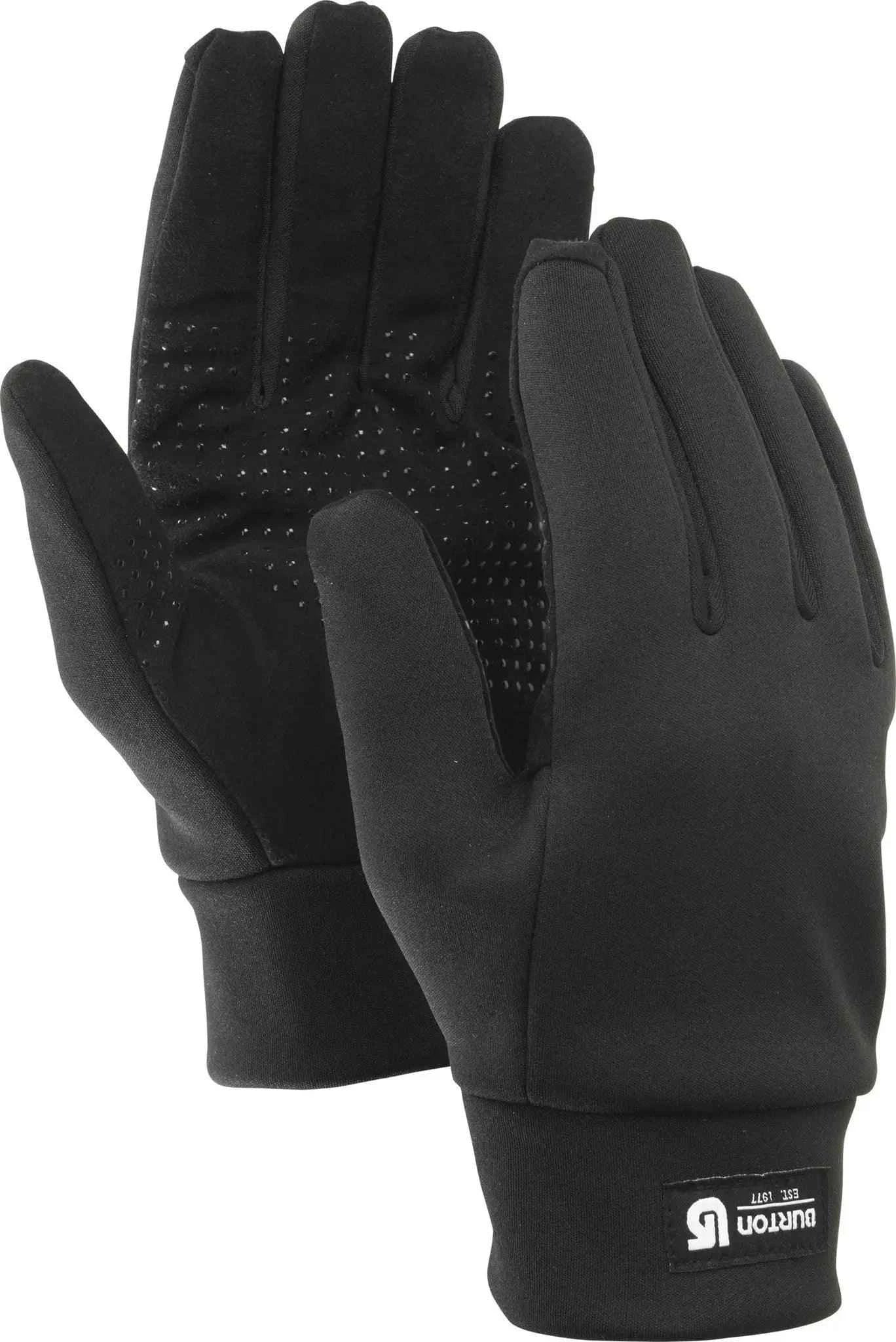Black winter gloves with grip dots and Burton logo on wrist, ideal for cold weather