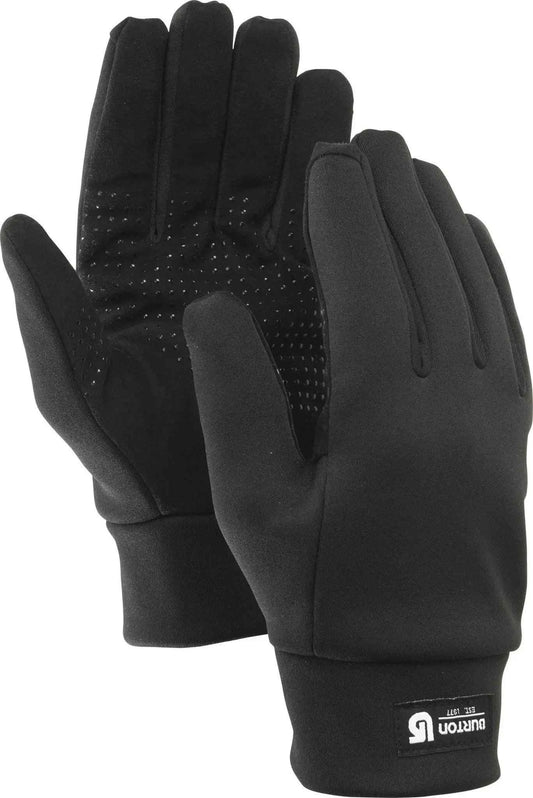 Black winter gloves with grip dots and Burton logo on wrist, ideal for cold weather