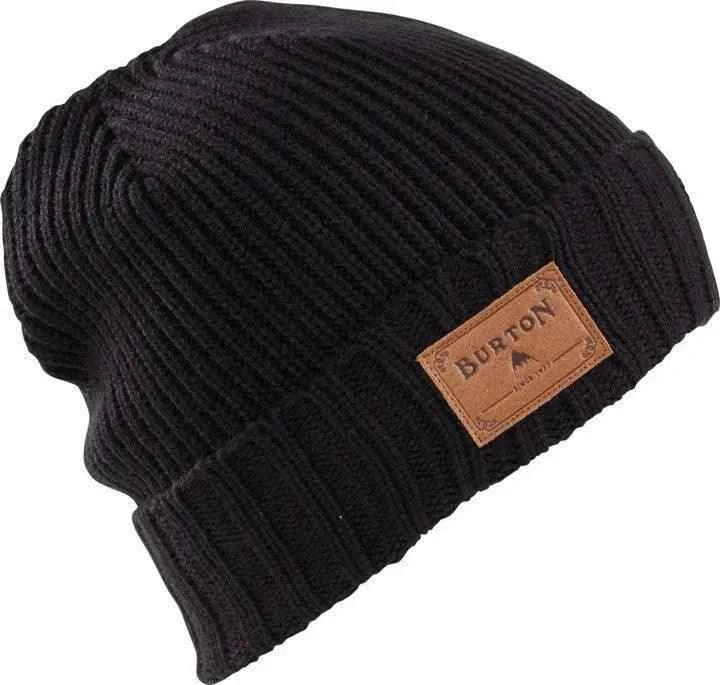 Black ribbed knit beanie with brown leather Burton logo patch, winter hat