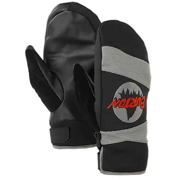 Black and gray winter mittens with thumb, logo and Velcro strap, insulated outdoors gloves