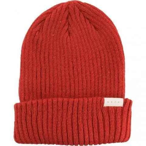 Red ribbed knit beanie with folded cuff and small tag, winter hat accessory