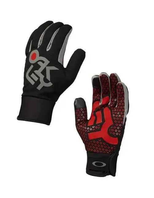 Black and red sports gloves with grip dots and abstract patterns, front and back view