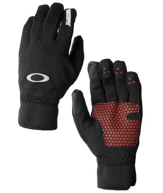 Black winter gloves with red grip dots and reflective logo, insulated and touchscreen compatible.