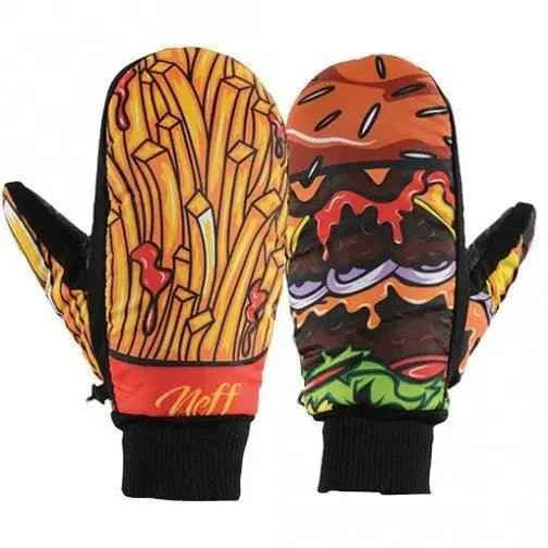 Colorful mittens with french fries design on one and cheeseburger design on the other
