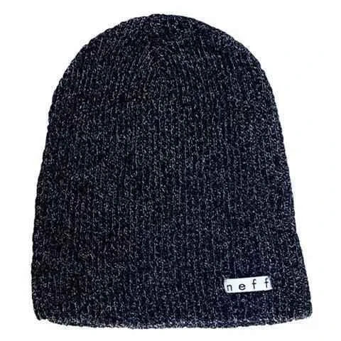 Black knitted beanie hat with a small white label on the brim