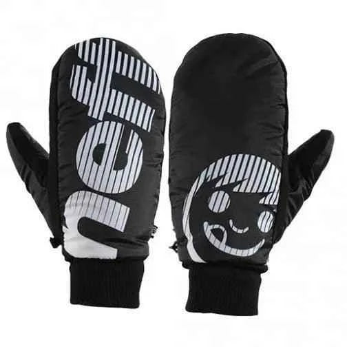 Black winter mittens with bold white graphic text and a smiling cartoon face design
