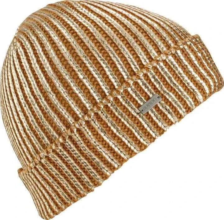 Brown and beige ribbed knit beanie hat with metallic accent and stitched tag