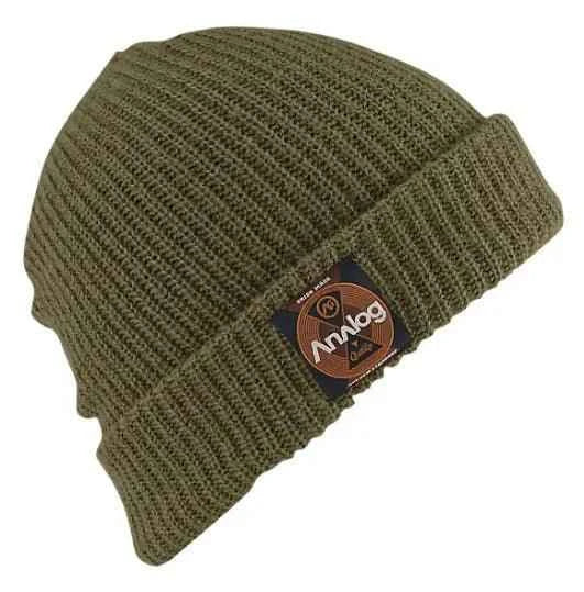 Olive green ribbed knit beanie hat with front logo patch for winter fashion
