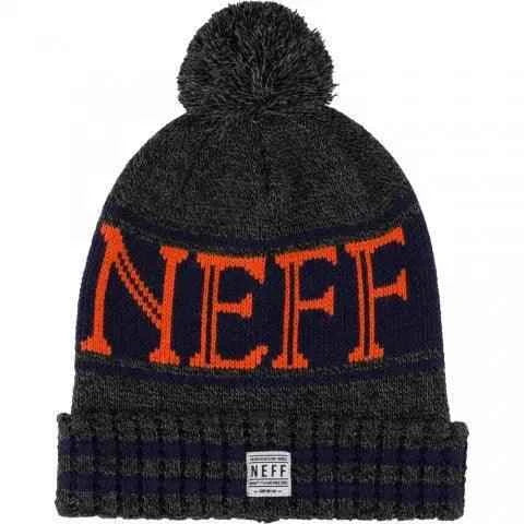 Dark gray NEFF pom pom beanie with orange lettering and ribbed cuff