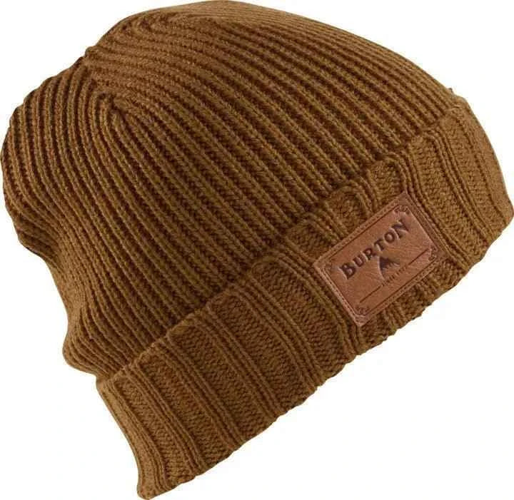 Brown ribbed knit beanie with a folded brim and BURTON logo patch on the front