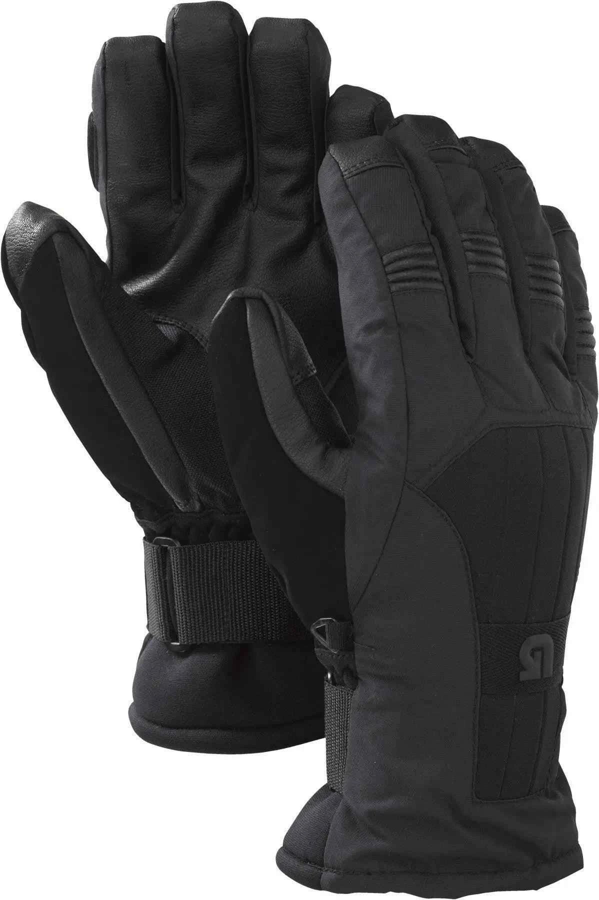 Black insulated winter gloves with adjustable wrist strap and textured palm, front and back view